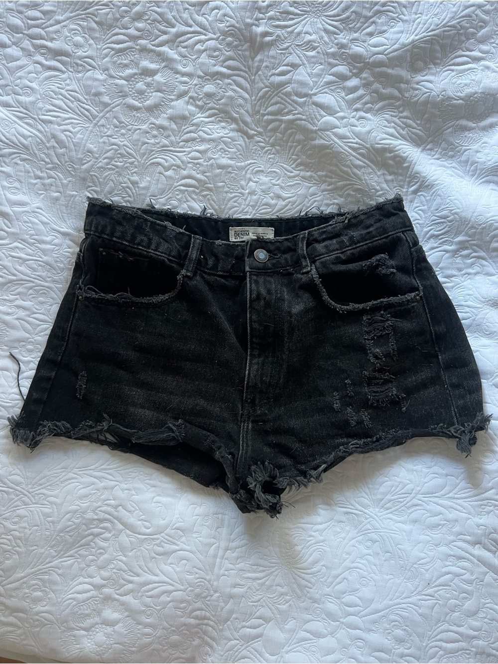 Black Distressed High-Rise Denim Shorts